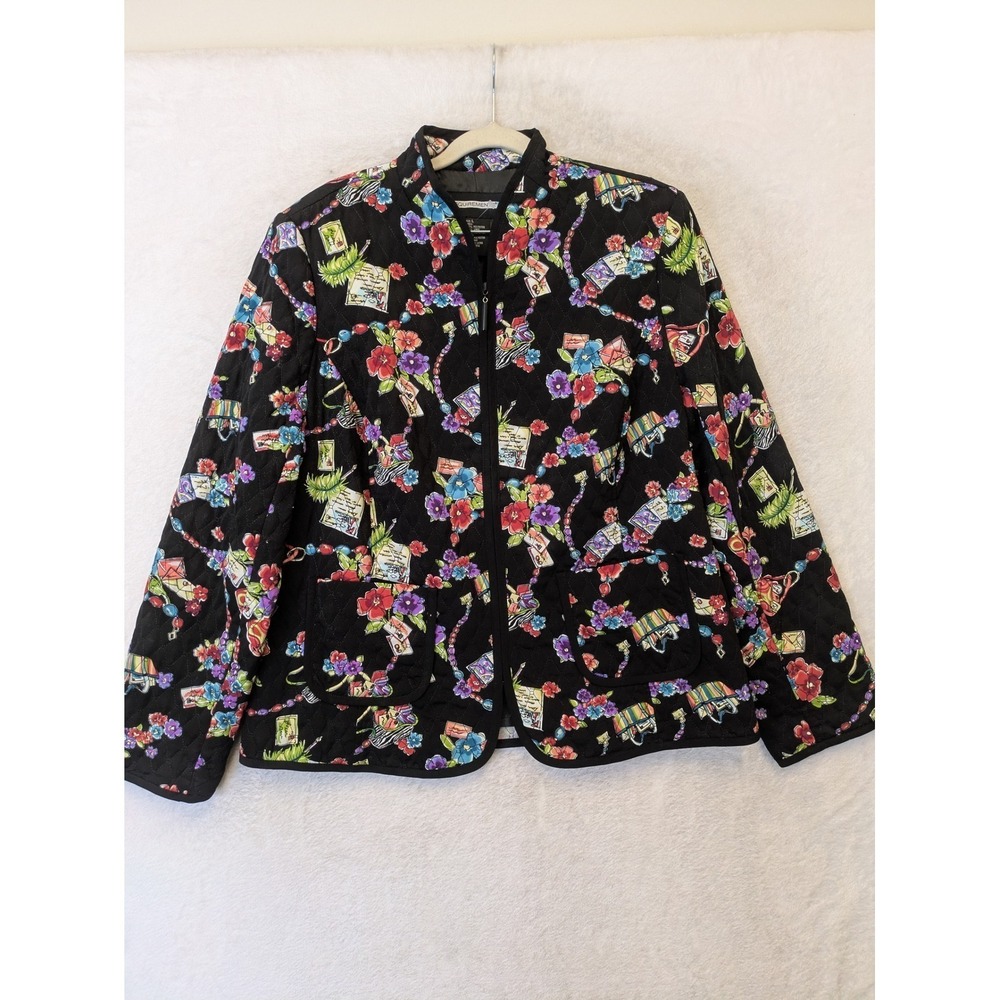 Requirements Quilted Jacket Women's Large Black Floral Novelty Print Zip Up